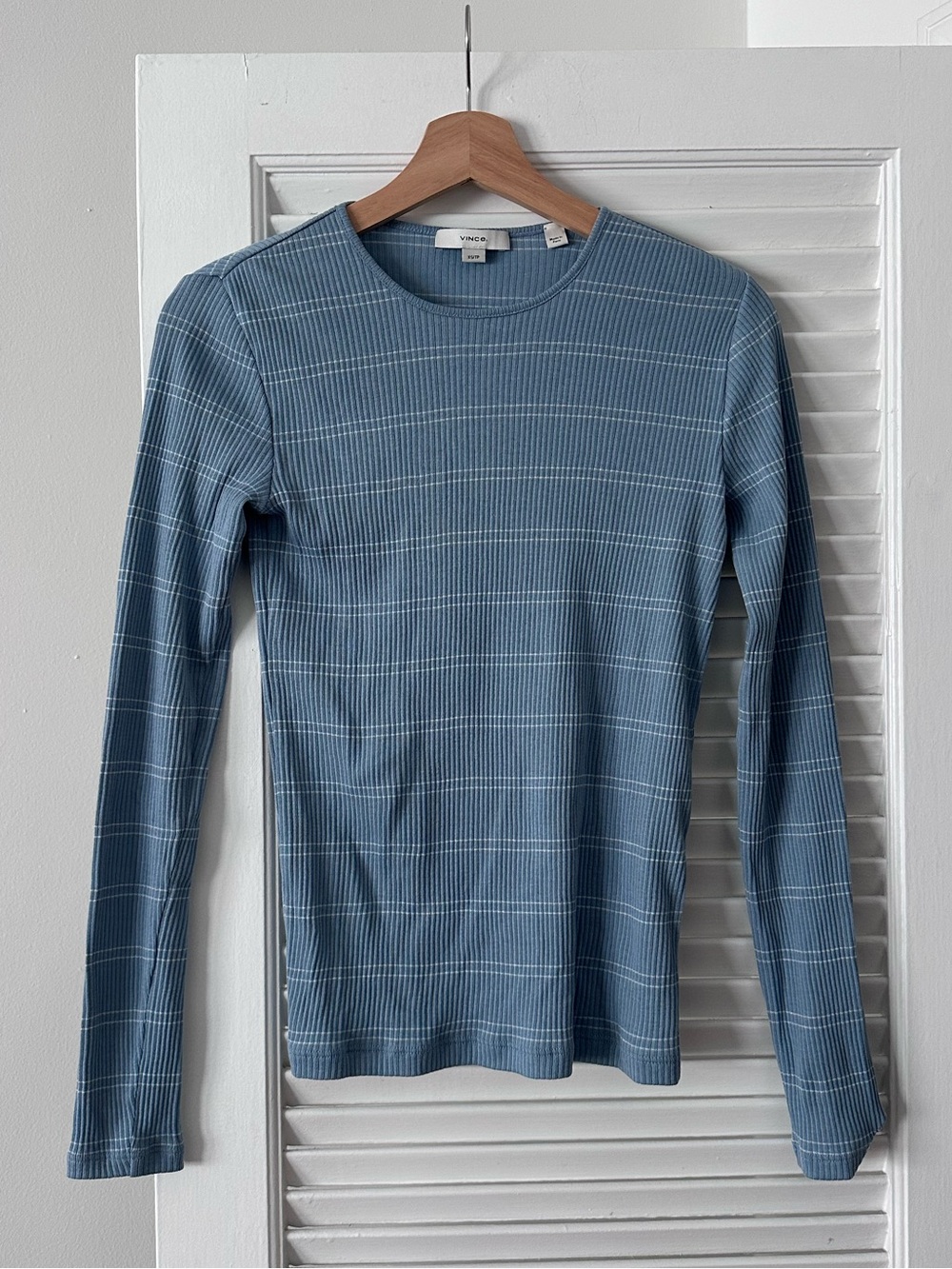 Vince Ribbed Pima Cotton Striped Top | Slate Blue | Size XS